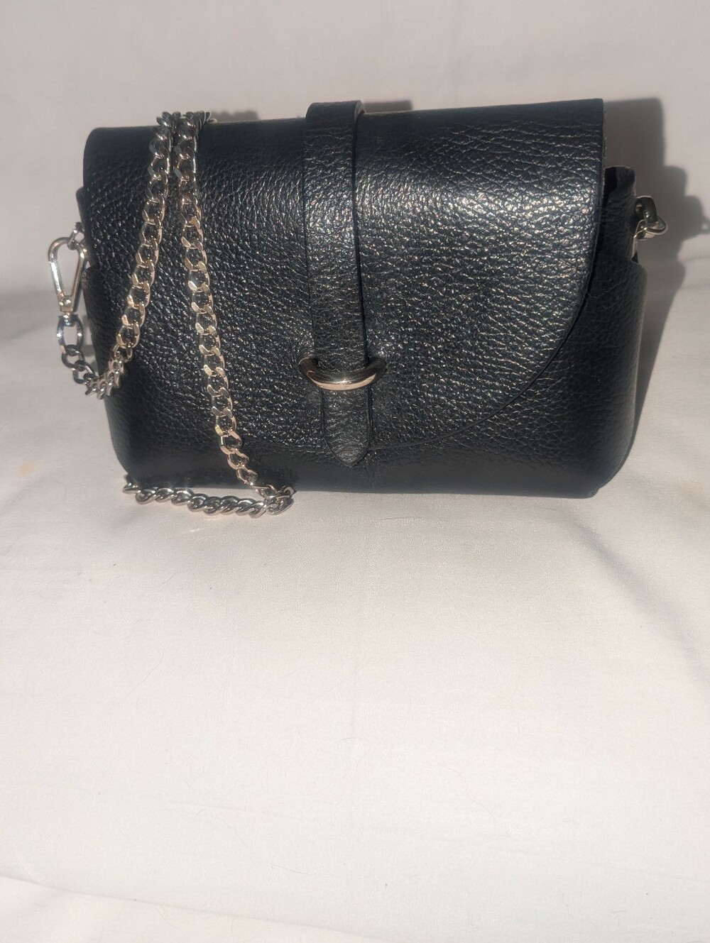 Marcus Firenze Black Pebbled Mini Crossbody Bag with Silver Chain Strap